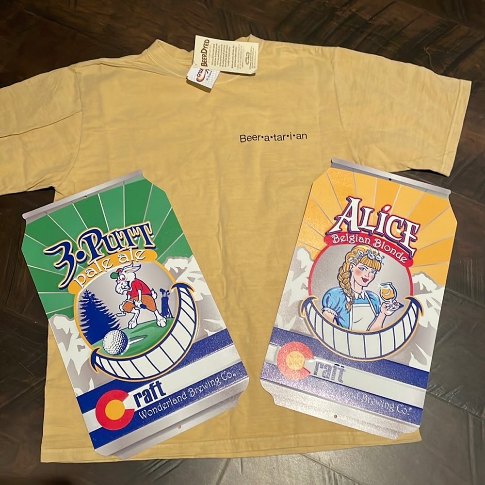 Beer TShirt (NWT) & 2 NEW metal signs & one  beer t-shirt (size M)